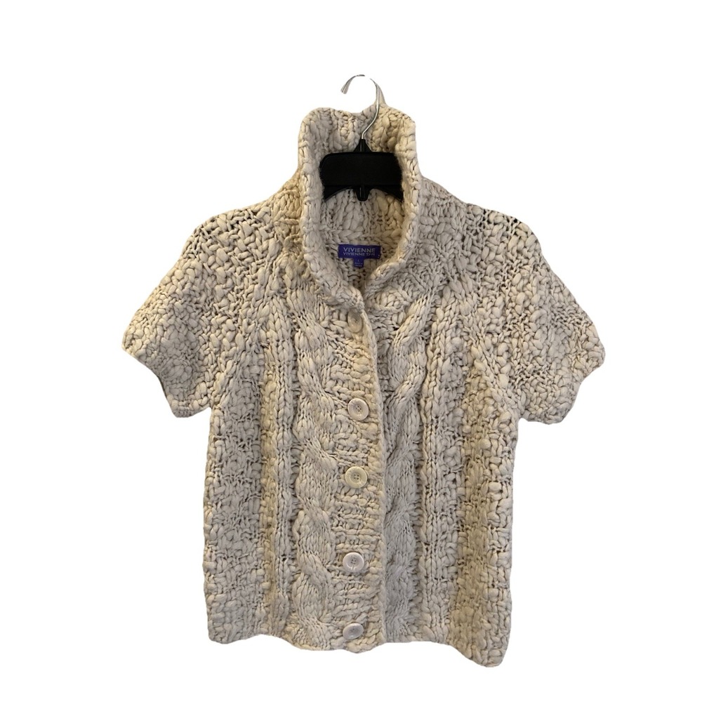 VIVIENNE TAM Ivory Cardigan Sweater Sz L Button Chunky‎ S/S Boho Wool Blend